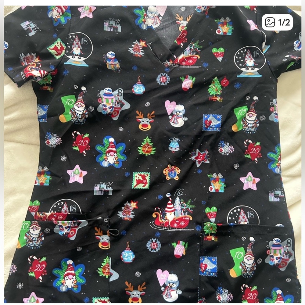 Festive Black Holiday Print Women's Scrub Top